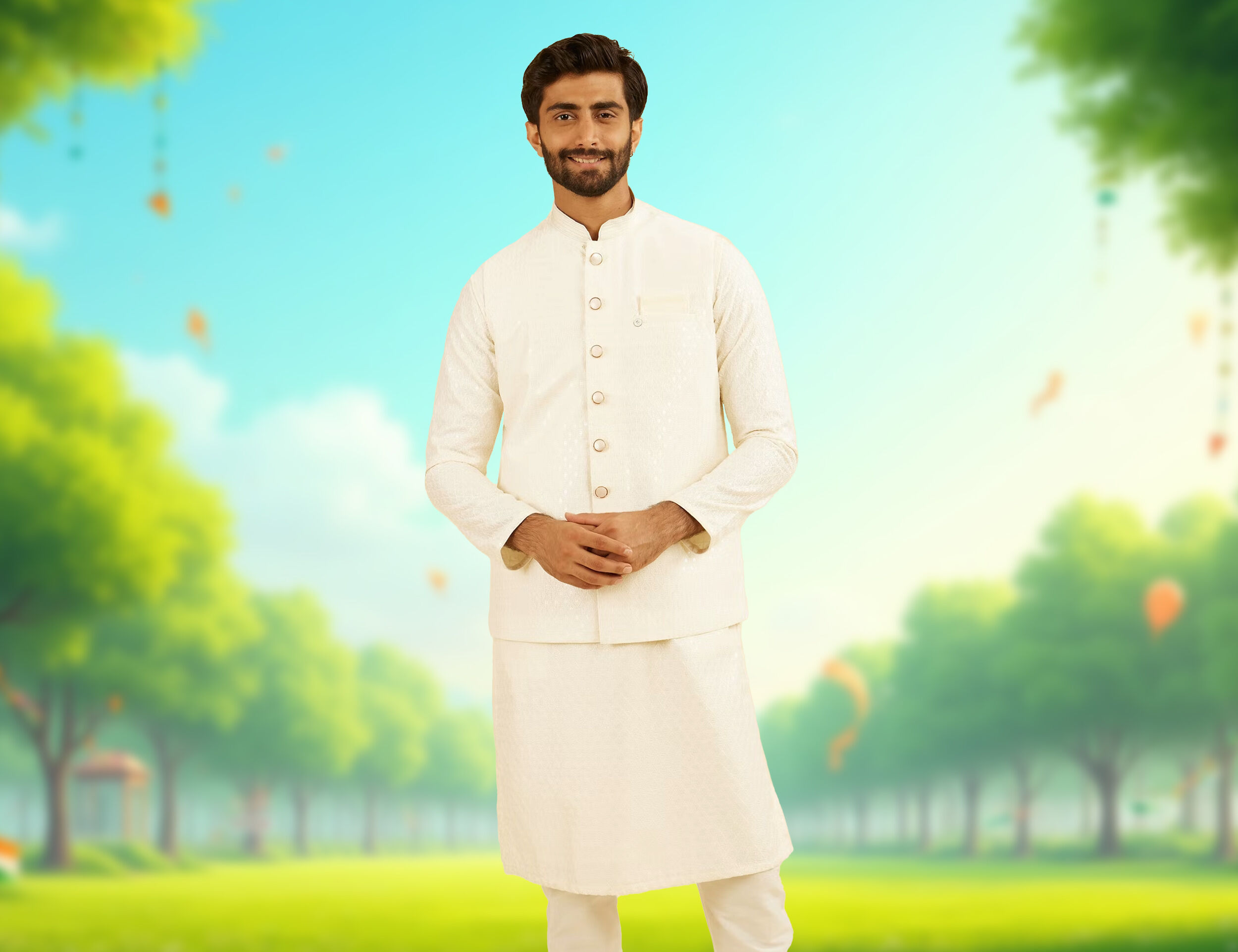 Man wearing an elegant cream-colored Nehru jacket over a matching kurta-pajama, posing outdoors against a blurred park background with trees and soft sunlight.